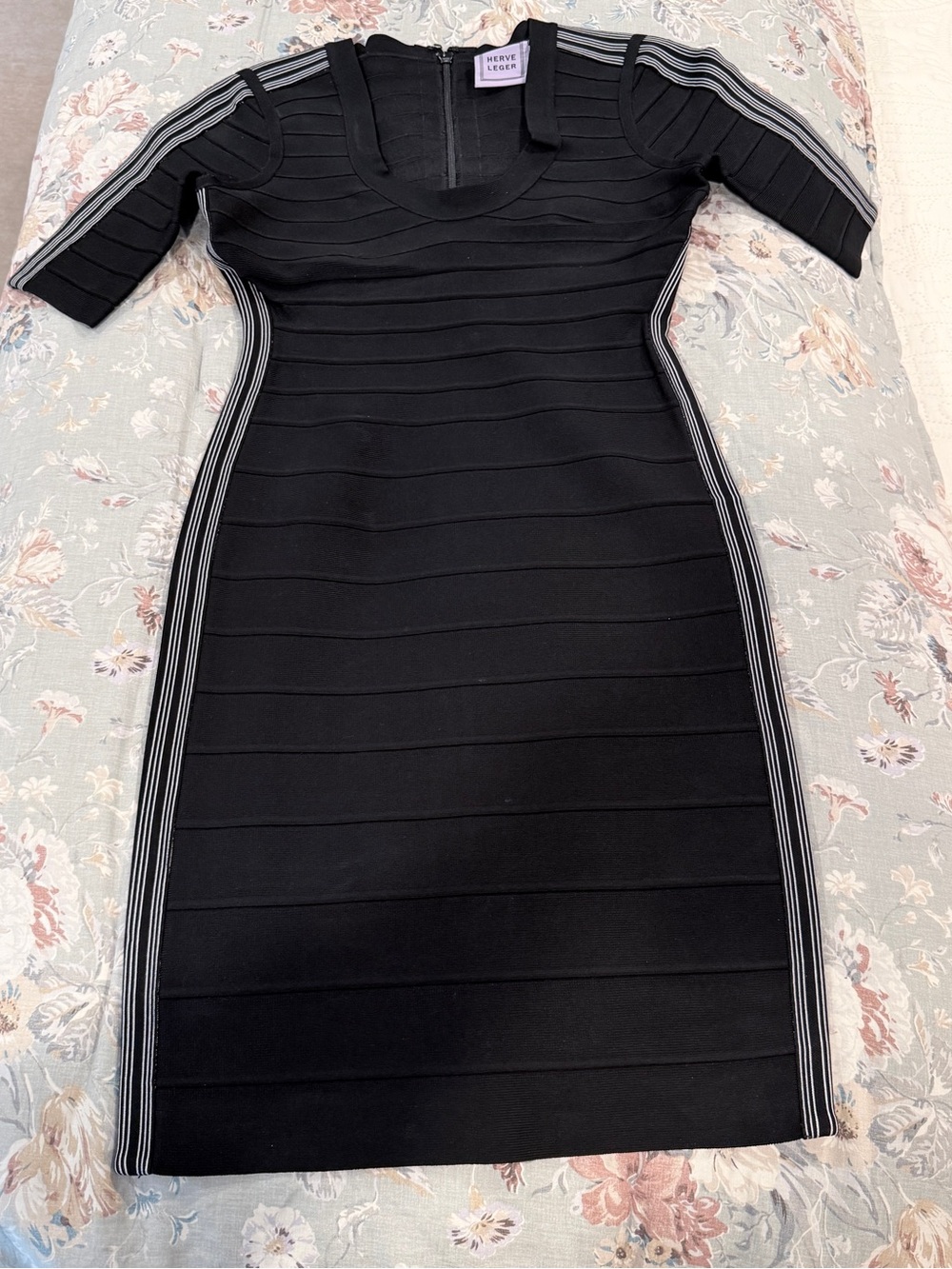 Herve Leger Black Allison Bandage Dress with White Side Stripes